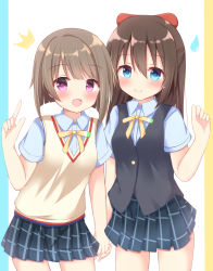 Rule 34 | 2girls, :d, black skirt, black vest, blue eyes, blue shirt, blush, bow, breasts, brown hair, closed mouth, collared shirt, commentary request, cowboy shot, dress shirt, hair between eyes, hair bow, hand up, highres, holding hands, interlocked fingers, kedama (kedama akaza), long hair, love live!, love live! nijigasaki high school idol club, multiple girls, nakasu kasumi, nijigasaki school uniform, open mouth, osaka shizuku, pleated skirt, purple eyes, red bow, school uniform, shirt, short sleeves, skirt, small breasts, smile, standing, sweater vest, vest, water drop, white background, yellow bow
