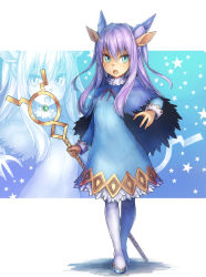 Rule 34 | 1girl, :o, animal ears, animal nose, aqua eyes, blue capelet, blue dress, blue footwear, breasts, capelet, commentary request, covered navel, crossed legs, dress, full body, fur collar, gazelle ears, gradient background, hair between eyes, hand up, holding, holding staff, horns, long hair, long sleeves, looking at viewer, open mouth, original, pantyhose, pink ribbon, purple hair, ribbon, saltydanshark, shadow, sidelocks, small breasts, solo, staff, standing, star (symbol), starry background, tsurime, two side up, white background, white pantyhose, zoom layer