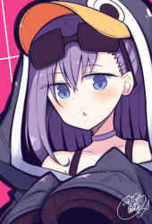 Rule 34 | 1girl, :&lt;, animal hood, bare shoulders, beni shake, black jacket, blue eyes, blush, choker, collarbone, commentary request, eyewear on head, fang, fate/grand order, fate (series), hair between eyes, hood, hood up, hooded jacket, jacket, long hair, long sleeves, looking at viewer, meltryllis, meltryllis (fate), meltryllis (swimsuit lancer) (fate), meltryllis (swimsuit lancer) (first ascension) (fate), parted lips, penguin hood, purple choker, purple hair, signature, sleeves past fingers, sleeves past wrists, solo, sunglasses, triangle mouth, upper body