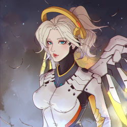 Rule 34 | 1girl, 2804281484, absurdres, aqua eyes, blonde hair, bodysuit, breasts, chromatic aberration, eyeliner, eyes visible through hair, glowing, glowing wings, grey background, halo, high ponytail, highres, light particles, makeup, mechanical halo, mechanical wings, medium breasts, medium hair, mercy (overwatch), messy hair, nose, overwatch, overwatch 1, red lips, solo, steam, upper body, white bodysuit, wind, wings, yellow wings