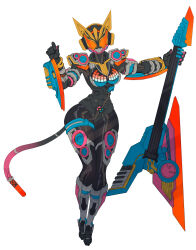 Rule 34 | 1girl, absurdres, armor, beat axe, beat buckle, breasts, cable, cable tail, catball1994, clenched hand, full body, guitar, head tilt, highres, holding, holding instrument, instrument, kamen rider, kamen rider geats (series), kamen rider na-go, looking at viewer, mechanical tail, medium breasts, orange eyes, power armor, solo, tail, tokusatsu, white background, wide hips