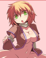 Rule 34 | 1girl, arm warmers, bad id, bad pixiv id, blonde hair, bottomless, breasts, female focus, green eyes, hakika, mizuhashi parsee, navel, no bra, open clothes, open shirt, pointy ears, scarf, shirt, short hair, solo, spread legs, touhou