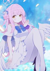 Rule 34 | 1girl, absurdres, blue archive, bow, bowtie, dress, highres, long hair, looking at viewer, mika (blue archive), mikoko1, outdoors, pink hair, solo, white dress, wings, yellow eyes