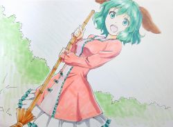 Rule 34 | 1girl, animal ears, beluo77, breasts, broom, commentary request, cowboy shot, dress, dutch angle, green eyes, green hair, holding, holding broom, kasodani kyouko, long sleeves, looking at viewer, marker (medium), medium breasts, medium hair, one-hour drawing challenge, open mouth, pink dress, solo, teeth, touhou, traditional media, upper teeth only