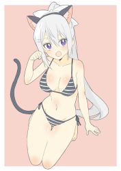 Rule 34 | 1girl, :d, absurdres, animal ears, bad id, bad twitter id, bare legs, bare shoulders, bikini, black bikini, blush, body blush, bow, breasts, cat ears, cat tail, donguri suzume, grey hair, hair between eyes, hair bow, hair ornament, hairband, hairclip, hand up, highres, higuchi kaede, kemonomimi mode, large breasts, long hair, looking at viewer, mole, mole under eye, nijisanji, open mouth, paw pose, pink background, ponytail, purple eyes, side-tie bikini bottom, simple background, smile, solo, striped bikini, striped clothes, swimsuit, tail, thigh gap, very long hair, virtual youtuber, white bow