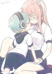 Rule 34 | 1boy, 1girl, age difference, blue hair, blush, bow, bowtie, closed eyes, hand on another&#039;s head, headphones, nei (os), original, os (os fresa), pink hair, pointy ears, scrunchie, shorts, skirt, smile, souta (os), twitter username