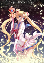 Rule 34 | 1girl, absurdres, ass, bishoujo senshi sailor moon, bishoujo senshi sailor moon s, blonde hair, blue eyes, blue sailor collar, bojue yu yaojing 695657, bow, brooch, character name, choker, contrapposto, cowboy shot, double bun, gloves, hair bun, heart, heart brooch, highres, jewelry, long hair, magical girl, multicolored clothes, multicolored skirt, pleated skirt, red bow, sailor collar, sailor moon, sailor senshi, skirt, solo, spiral heart moon rod, staff, standing, super sailor moon, tiara, tsukino usagi, twintails, very long hair, white gloves