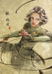 Rule 34 | 1girl, armor, avatar: the last airbender, avatar legends, character name, eyelashes, female focus, fighting stance, green eyes, grey hair, kellylee, lin bei fong, lips, looking at viewer, metal, short hair, solo, the legend of korra, watermark, web address, whip