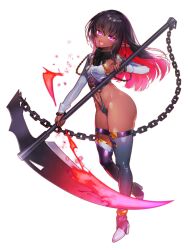 Rule 34 | 1girl, :d, black hair, boots, breasts, chain, clothing request, colored inner hair, dairoku ryouhei, dark-skinned female, dark skin, full body, holding, holding scythe, holding weapon, long sleeves, looking at viewer, multicolored hair, navel, open mouth, pink hair, pointy ears, purple eyes, scythe, shiropbw, small breasts, smile, solo, thigh boots, transparent background, weapon
