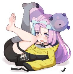 Rule 34 | 1girl, aqua hair, asymmetrical bangs, bike shorts, blush, boppin, bow-shaped hair, cameltoe, character hair ornament, commentary, creatures (company), feet, full body, furrowed brow, game freak, hair ornament, highres, iono (pokemon), jacket, legs up, long hair, looking at viewer, lying, multicolored hair, nintendo, on back, open mouth, paid reward available, pink eyes, pink hair, pokemon, pokemon sv, sharp teeth, short shorts, shorts, signature, simple background, single barefoot, sleeves past fingers, sleeves past wrists, soles, solo, teeth, two-tone hair, variant set, white background, yellow jacket