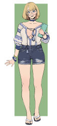Rule 34 | 1girl, absurdres, bare shoulders, blonde hair, blue eyes, blunt bangs, blush, bob cut, border, breasts, cleavage, collarbone, full body, glasses, green background, head tilt, highres, instant ip, looking at viewer, off shoulder, open hand, open mouth, original, outside border, sandals, shorts, solo, straight-on, torn clothes, torn legwear, white-framed eyewear, white border