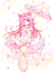 Rule 34 | 1girl, ;), animal ear fluff, animal ears, blush, bow, cat ears, cat girl, cat tail, cherry blossoms, closed mouth, commentary request, dress, flower, full body, hair bow, hair flower, hair ornament, hairband, head tilt, holding, holding umbrella, long hair, one eye closed, orange bow, orange hairband, original, petals, pigeon-toed, pink flower, pink footwear, pink hair, pink umbrella, pleated skirt, puffy short sleeves, puffy sleeves, red eyes, shikito (yawa0w0), shoes, short sleeves, sitting, skirt, smile, solo, tail, umbrella, very long hair, white dress