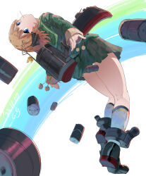 Rule 34 | 1girl, black ribbon, blue eyes, blush, brown hair, candy, convenient censoring, dated, depth charge, depth charge projector, food, from below, full body, gegeron, green jacket, green sailor collar, green skirt, hachijou (kancolle), hair ribbon, highres, holding, holding candy, holding food, holding lollipop, jacket, kantai collection, lollipop, long sleeves, looking at viewer, looking down, machinery, mast, neck ribbon, pleated skirt, pom pom (clothes), red ribbon, ribbon, rigging, sailor collar, school uniform, serafuku, short hair, signature, skirt, smokestack, solo, turret