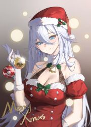 Rule 34 | 1girl, absurdres, bare shoulders, blue eyes, breasts, cecilia schariac, christmas ornaments, cleavage, dress, earrings, gloves, hat, highres, honkai (series), honkai impact 3rd, jewelry, large breasts, looking at viewer, red dress, santa costume, santa dress, santa hat, simple background, smile, tutou jiang, white gloves, white hair