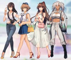 Rule 34 | 2girls, alternate costume, alternate hairstyle, armpit crease, bag, black footwear, black hair, black nails, blue skirt, blurry, blurry background, blush, boots, bow, breasts, brown eyes, brown hair, cannon, casual, collarbone, dark-skinned female, dark skin, denim, dress, full body, glasses, green eyes, grey-framed eyewear, grey hair, grey sports bra, hair between eyes, hair bow, handbag, high-waist pants, high heels, highres, holding, ice cream cone, jacket, jeans, jewelry, kantai collection, kasumi (skchkko), large breasts, lifted by self, long hair, long sleeves, looking at viewer, low-tied long hair, medium breasts, midriff, multiple girls, musashi (kancolle), musashi kai ni (kancolle), mutsu (kancolle), nagato (kancolle), navel, necklace, open mouth, outside border, pants, photo background, pink bag, pleated skirt, pointy hair, ponytail, red eyes, sailor collar, sailor shirt, sandals, semi-rimless eyewear, shirt, short hair, short sleeves, shoulder bag, simple background, skirt, sleeveless, smile, sports bra, sportswear, strappy heels, twintails, two-tone background, two-tone sports bra, underwear, very long hair, white background, white dress, white hair, white jacket, white pants, white sailor collar, white shirt, white sports bra, yamato (kancolle)