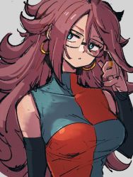 Rule 34 | 1girl, android 21, blue eyes, breasts, checkered clothes, checkered dress, dragon ball, dragon ball fighterz, dress, earrings, glasses, grey background, hair between eyes, hoop earrings, jewelry, kemachiku, large breasts, long hair, looking to the side, red hair, ring, simple background, solo, upper body
