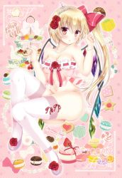 Rule 34 | 1girl, babydoll, blonde hair, blush, bottomless, bow, breasts, cake, cleavage, cookie, cup, doughnut, flandre scarlet, flower, food, hair bow, hair flower, hair ornament, jewelry, long hair, looking at viewer, macaron, navel, necklace, no panties, pearl necklace, pekopokox, pink babydoll, red eyes, rose, side ponytail, solo, teacup, teapot, thighhighs, tiara, tiered tray, touhou, underwear, underwear only, white thighhighs, wings