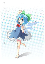 Rule 34 | 1girl, bad id, bad pixiv id, barefoot, blue eyes, blue hair, bow, cirno, feet, female focus, full body, hair bow, halftone, halftone background, highres, lilks, matching hair/eyes, short hair, solo, touhou, touhou hisoutensoku, white background, wings, wink