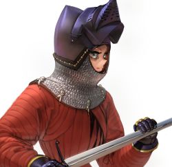 Rule 34 | 1girl, absurdres, armor, bad id, bad pixiv id, chainmail, closed mouth, emmelot (wassnonnam), from side, full armor, gambeson, gauntlets, grey eyes, helm, helmet, highres, holding, holding sword, holding weapon, original, profile, simple background, solo, sword, visor (armor), visor lift, wass nonnam, weapon, white background