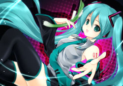 Rule 34 | 1girl, aqua eyes, aqua hair, aqua nails, bad id, bad pixiv id, bare shoulders, beckoning, foreshortening, hatsune miku, juna, long hair, looking at viewer, nail polish, necktie, open mouth, outstretched hand, smile, solo, spring onion, thighhighs, vocaloid