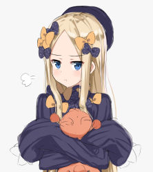 Rule 34 | 1girl, :t, abigail williams (fate), absurdres, black bow, black dress, black hat, blonde hair, blue eyes, bow, closed mouth, commentary request, dress, fate/grand order, fate (series), forehead, grey background, hair bow, hat, highres, hugging object, kohakope, long hair, long sleeves, looking at viewer, orange bow, parted bangs, polka dot, polka dot bow, pout, puff of air, sidelocks, simple background, sketch, sleeves past fingers, sleeves past wrists, solo, stuffed animal, stuffed toy, teddy bear, very long hair