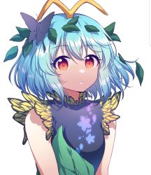 Rule 34 | 1girl, antennae, aqua hair, butterfly hair ornament, dress, eternity larva, fairy, green dress, hair between eyes, hair ornament, highres, kaoling, leaf, leaf on head, multicolored clothes, multicolored dress, open mouth, orange eyes, short hair, short sleeves, simple background, solo, touhou, unfinished, upper body, white background
