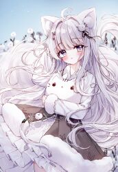 Rule 34 | 1girl, :o, absurdres, ahoge, animal, animal ear fluff, animal ears, arm behind head, arm up, black skirt, blue sky, blush, cat, commentary request, day, flower, fur-trimmed skirt, fur-trimmed sleeves, fur trim, grey eyes, grey hair, hair intakes, highres, holding, holding animal, jacket, long hair, long sleeves, looking at viewer, original, outdoors, parted lips, skirt, sky, sleeves past wrists, solo, tail, tandohark, very long hair, white cat, white flower, white jacket