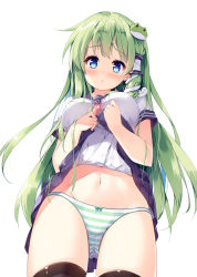 Rule 34 | 1girl, between breasts, black thighhighs, blue eyes, blue skirt, bow, bow panties, breasts, clothes lift, commentary request, frog hair ornament, green hair, green panties, hair ornament, hair tubes, kochiya sanae, large breasts, lifting own clothes, looking at viewer, miniskirt, miyase mahiro, navel, necktie, necktie between breasts, panties, simple background, skirt, skirt lift, snake hair ornament, solo, stomach, thighhighs, touhou, underwear, white background