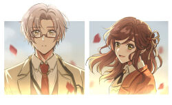 Rule 34 | 1boy, 1girl, :d, border, brown coat, brown hair, coat, collared shirt, cropped torso, formal, green eyes, hair ornament, highres, jacket, lanyard, long hair, looking at viewer, necktie, nirvelia, open mouth, petals, red jacket, red necktie, rosa (tears of themis), shirt, short hair, smile, tears of themis, upper body, vyn richter (tears of themis), white border, white hair, white shirt, yellow eyes