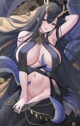 Rule 34 | 1girl, antlers, arm up, armpits, azur lane, black hair, blush, breasts, cbmus, cleavage, dress, elbow gloves, gloves, golden hind (azur lane), highres, horns, large breasts, long hair, mole, mole under mouth, navel, open mouth, revealing clothes, sexually suggestive, smile, solo, tentacles, tongue, tongue out, very long hair