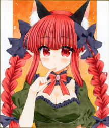 Rule 34 | 1girl, :/, animal ear fluff, animal ears, blunt bangs, blush, bow, braid, breasts, brooch, cat ears, cleavage, dress, extra ears, finger to own chin, frills, green dress, hair bow, hand up, index finger raised, jewelry, kaenbyou rin, large breasts, long hair, looking at viewer, pointy ears, puffy short sleeves, puffy sleeves, red eyes, red hair, shikishi, short sleeves, sidelocks, solo, tail, touhou, traditional media, twin braids, upper body, zenra1112