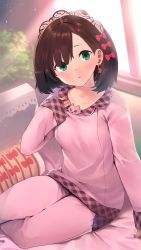 Rule 34 | 1girl, backlighting, bed sheet, blush, bow, breasts, brown hair, collarbone, commentary request, crescent, crescent earrings, day, earrings, fingernails, furukawa itsuse, green eyes, hair bow, hair over one eye, highres, indoors, iriam, jewelry, long sleeves, looking at viewer, nail polish, original, pajamas, pants, parted lips, pink nails, pink pajamas, pink pants, pink shirt, red bow, shirt, short hair, sleeves past wrists, small breasts, solo, sunlight, virtual youtuber, window