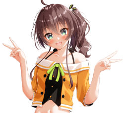 Rule 34 | 1girl, :d, ahoge, bare shoulders, black bow, black ribbon, blush, bow, brown hair, buttons, camisole, cat hair ornament, collarbone, double v, green eyes, green ribbon, hair between eyes, hair ornament, hair ribbon, hands up, head tilt, highres, hololive, jacket, looking at viewer, medium hair, natsuiro matsuri, natsuiro matsuri (1st costume), navel, off-shoulder jacket, off shoulder, open mouth, orange jacket, pinstripe camisole, pinstripe pattern, ribbon, side ponytail, simple background, smile, solo, stomach, striped, upper body, v, virtual youtuber, white background, yakatora