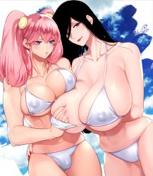 Rule 34 | 1futa, 1girl, asymmetrical docking, bare shoulders, bikini, black hair, blue eyes, breast envy, breast press, breasts, bulge, cloud, covered erect nipples, fingernails, futa with female, futanari, grabbing, grabbing another&#039;s breast, grey eyes, hair ornament, hand on another&#039;s hip, huge breasts, large breasts, long hair, mature female, mole, mole on breast, mole under mouth, muscular, muscular female, newhalf, original, outdoors, pink hair, pout, rototika, sidelocks, sky, smile, swimsuit, tareme, tsurime, twintails
