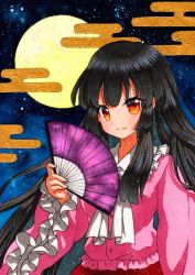 Rule 34 | 1girl, bad id, bad pixiv id, black hair, blouse, blue background, blue sky, bow, cloud, collar, frills, full moon, hand fan, hand up, holding, holding fan, houraisan kaguya, long hair, long sleeves, moon, multicolored eyes, night, night sky, no headwear, open mouth, orange eyes, pink shirt, pink sleeves, qqqrinkappp, red skirt, shirt, skirt, sky, smile, solo, touhou, traditional media, white bow, white collar, white neckwear, yellow eyes, yellow moon