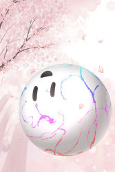 Rule 34 | branch, cherry blossoms, colored skin, commentary request, empty eyes, highres, kirby: star allies, kirby (series), multicolored background, nintendo, no humans, open mouth, petals, pink background, pink theme, rainbow, sky, smile, solo, sora (sunday sky), spoilers, tree, upside-down, veins, void (kirby), void termina, white background, white skin, white sky