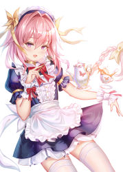 Rule 34 | 1boy, aaeru, alternate costume, apron, astolfo (fate), blush, braid, commentary request, cup, dress, enmaided, fang, fate/grand order, fate (series), hair between eyes, highres, long hair, looking at viewer, maid, maid apron, male focus, open mouth, pink hair, purple eyes, single braid, smile, solo, teacup, trap, white apron