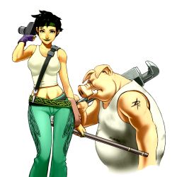 Rule 34 | 1boy, 1girl, animal ears, bare shoulders, belt, beyond good and evil, black hair, breasts, camera, collaboration, colorized, crop top, fingerless gloves, gloves, green eyes, green lips, headband, jade, large breasts, lipstick, makeup, midriff, nail polish, navel, panties, pants, patterned, pey&#039;j, pig, pig ears, pig snout, polarityplus, scar, short hair, signature, smile, staff, tank top, tattoo, thigh gap, thighs, toned, tusks, tzoli, underwear, wrench