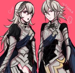 Rule 34 | 1boy, 1girl, armor, c.c.r (ccrgaoooo), cape, corrin (female) (fire emblem), corrin (fire emblem), corrin (male) (fire emblem), corrin (male) (fire emblem), dual persona, fire emblem, fire emblem fates, gender request, genderswap, hair ornament, long hair, looking at viewer, nintendo, open mouth, pink background, pointy ears, red eyes, rem (eyes 410), short hair, silver hair, simple background
