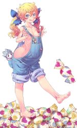 Rule 34 | 1girl, :q, barefoot, blonde hair, blue eyes, breasts, candy, collarbone, doll, feet, food, hair ribbon, highres, honzawa yuuichirou, looking at viewer, naked overalls, no bra, no panties, original, overalls, ribbon, simple background, small breasts, smile, solo, toes, tongue, tongue out, twintails