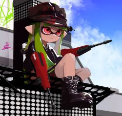 Rule 34 | 1girl, bike shorts, black footwear, black jacket, black shorts, blue sky, blunt bangs, boots, closed mouth, cloud, cloudy sky, commentary, cross-laced footwear, day, dual wielding, dualie squelcher (splatoon), english commentary, english text, graffiti, green hair, hat, highres, holding, ink tank (splatoon), inkling, inkling girl, inkling player character, jacket, lace-up boots, long hair, long sleeves, looking to the side, mhxbump, milestone celebration, nintendo, outdoors, pointy ears, red eyes, red hat, shorts, single vertical stripe, sitting, sky, smile, solo, splatoon (series), splatoon 2, tentacle hair
