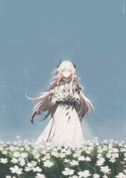 Rule 34 | 1girl, arknights, black shirt, blue sky, closed mouth, commentary request, day, dress, field, flower, flower field, hair between eyes, half-closed eyes, highres, horns, layered sleeves, long hair, long sleeves, looking at viewer, outdoors, pink hair, red eyes, shirt, short over long sleeves, short sleeves, sky, sleeves past wrists, smile, solo, standing, theresa (arknights), turtleneck, very long hair, white dress, white flower, yi yu
