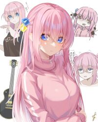 Rule 34 | 1girl, @ @, black shirt, blue eyes, blush, bocchi the rock!, breasts, closed mouth, clothes writing, collarbone, commentary request, cropped torso, crossed bangs, cube hair ornament, double bun, electric guitar, gibson les paul, gotoh hitori, guitar, hair between eyes, hair bun, hair ornament, hand on own arm, highres, instrument, jacket, long hair, long sleeves, looking at viewer, medium breasts, motion lines, multiple views, one side up, open mouth, pink hair, pink jacket, shirt, short sleeves, sidelocks, signature, simple background, spiral-only eyes, sweatdrop, t-shirt, track jacket, translation request, tsuruya (l re10 l), upper body, white background, zipper pull tab
