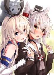 Rule 34 | 2girls, amatsukaze (kancolle), blonde hair, blush, breasts, commentary request, dress, elbow gloves, garter straps, gloves, grey eyes, hair tubes, hairband, highres, kantai collection, long hair, long sleeves, multiple girls, partial commentary, rensouhou-chan, sailor collar, sailor dress, school uniform, serafuku, shimakaze (kancolle), silver hair, simple background, small breasts, smokestack hair ornament, takanashi kei (hitsujikan), two side up, white gloves
