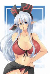 Rule 34 | 1girl, alternate breast size, bad id, bad pixiv id, bikini, breasts, cleavage, covered erect nipples, duel monster, front-tie top, grey eyes, groin, hand on own hip, highres, hip focus, huge breasts, kami koppu, long hair, navel, open mouth, pointy ears, red bikini, ruin, queen of oblivion, sarong, silver hair, solo, swimsuit, very long hair, yu-gi-oh!, yu-gi-oh! duel monsters