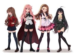 Rule 34 | 4girls, ahoge, aisaka taiga, black hair, black skirt, bread, brown eyes, brown hair, cape, crossover, finger to mouth, flat chest, food, highres, holding, holding food, idolmaster, idolmaster (classic), kugimiya rie, loafers, long hair, looking at viewer, louise francoise le blanc de la valliere, luicent, mary janes, melon bread, minase iori, multiple crossover, multiple girls, pink eyes, pink hair, purple eyes, school uniform, shakugan no shana, shana, shoes, skirt, standing, thighhighs, toradora!, trait connection, tsundere, very long hair, voice actor connection, white background, zero no tsukaima