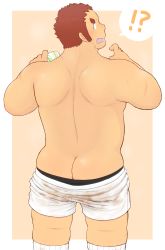 Rule 34 | !?, 1boy, 3c pan, absurdres, ass, back, bara, belly, black male underwear, blush, brown hair, clothes pull, facial hair, facial scar, feet out of frame, tamamura gunzo, highres, long sideburns, looking at viewer, looking back, male focus, male underwear, male underwear peek, male underwear pull, muscular, muscular male, pectorals, scar, scar on arm, scar on cheek, scar on face, short hair, shorts, shorts pull, sideburns, sidepec, skindentation, socks, solo, spiked hair, stubble, surprised, thick eyebrows, tokyo houkago summoners, topless male, underwear