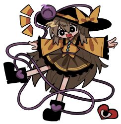 Rule 34 | 1girl, black eyes, black footwear, black hat, bow, chibi, frilled shirt collar, frilled skirt, frilled sleeves, frills, full body, green skirt, grey hair, hat, hat bow, highres, komeiji koishi, long hair, motion lines, open mouth, sharp teeth, shoes, simple background, single tooth, skirt, smile, solo, sweater, teeth, third eye, tongue, touhou, white background, yellow bow, yellow sweater, zunusama