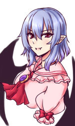 Rule 34 | 1girl, alternate breast size, ascot, bad id, bad pixiv id, bat wings, blue hair, blush, bow, breasts, brooch, commentary request, cropped torso, fangs, fangs out, frilled shirt collar, frills, hair between eyes, jewelry, large breasts, long hair, looking at viewer, no headwear, pointy ears, puffy short sleeves, puffy sleeves, red ascot, red bow, red eyes, remilia scarlet, short sleeves, simple background, smile, solo, touhou, upper body, white background, wings, zellam