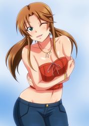 Rule 34 | 1girl, ;d, aqua eyes, bad id, bad pixiv id, bare arms, bare shoulders, blue background, blush, bracelet, breasts, brown hair, buttons, casual, cleavage, collarbone, cowboy shot, denim, gradient background, head tilt, idolmaster, idolmaster cinderella girls, jeans, jewelry, long hair, looking at viewer, low twintails, matsumoto sarina, medium breasts, navel, necklace, one eye closed, open mouth, pants, parted bangs, pearl bracelet, pendant, pink ribbon, ribbon, self hug, sidelocks, smile, solo, standing, star (symbol), star necklace, stomach, strapless, tanuki (metaltanuki), tube top, twintails